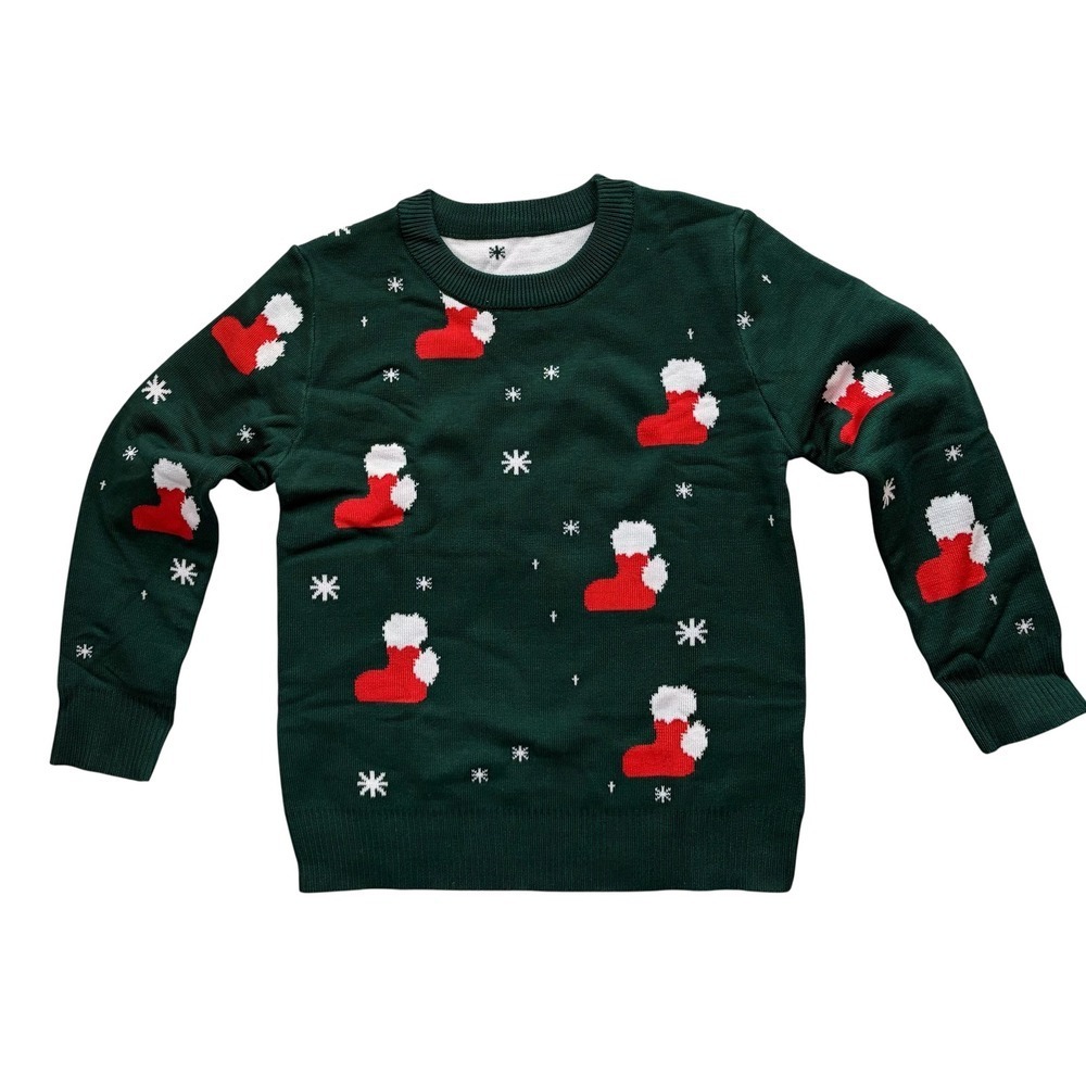 NEW‎ Kids 5-6 Green Christmas Sweater Red Stocking Print Crew Neck Holiday